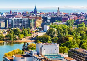 Scenic summer aerial panorama of the Old Town architecture in Helsinki, Finland